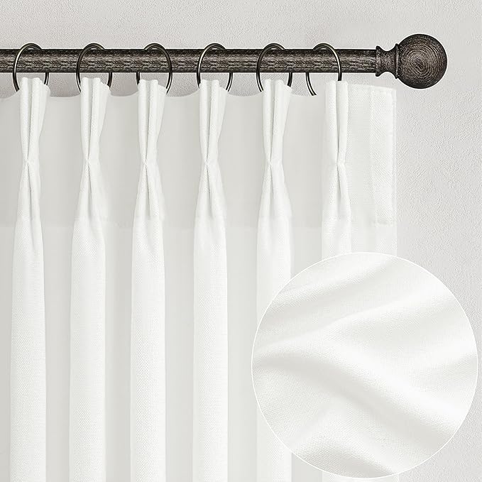 Custom Pure White Semi Sheer Linen Floor to Ceiling 105 Inch Curtains for Dining Room 2 Panels Set, Neutral Pinch Pleat Privacy Drapes Let the Light In Cute Kids Room Curtain for Large Windows 8-3/4FT