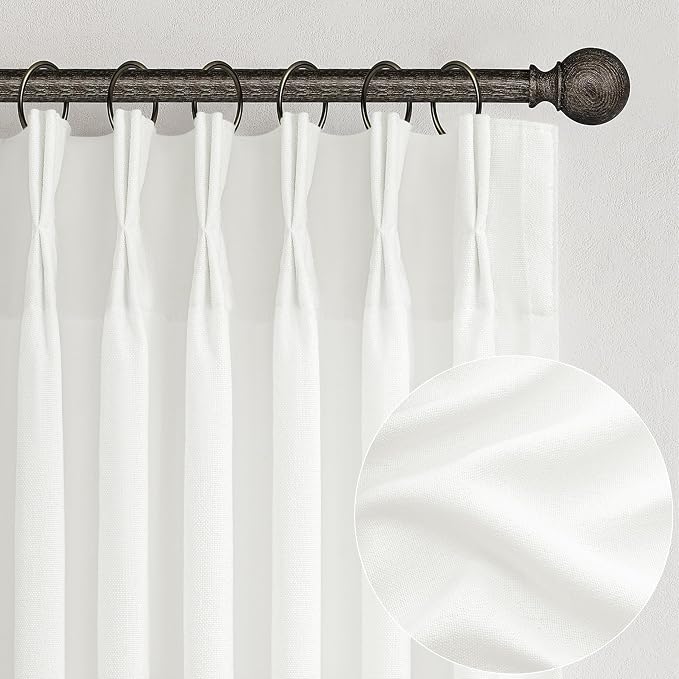 PleatedDrapes Light Filtering Pure White Curtains 84 Inches Long for Living Room, Modern Linen Blend Textured Sheer Memory Shape Trained Pleat Curtain Back Tab for Bedroom 2 Panel Set Window Drape 7FT