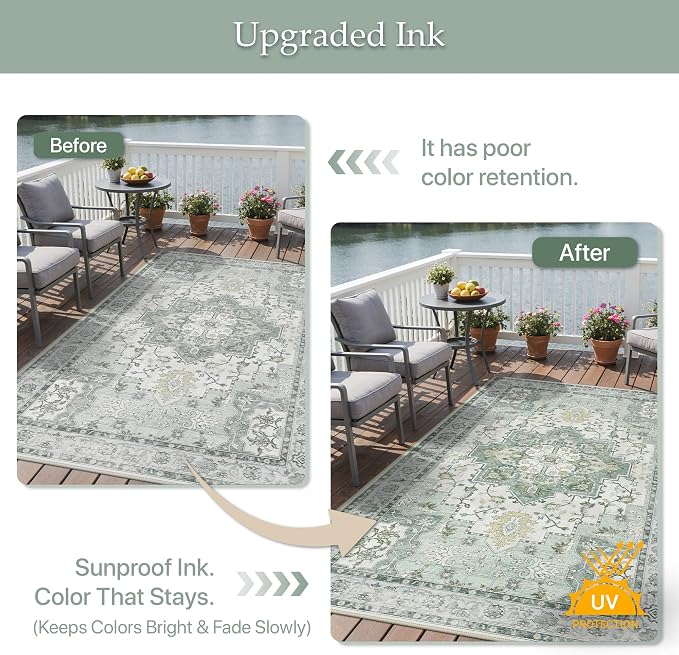 GENIMO Outdoor & Indoor Area Rug 4'x6', Waterproof, Non-Shedding, Easy Cleaning, Boho Mat for Patio, Living Room, Balcony, Dining Room, RV, Deck, Bedroom, Camping, Outside Carpet,Light Green