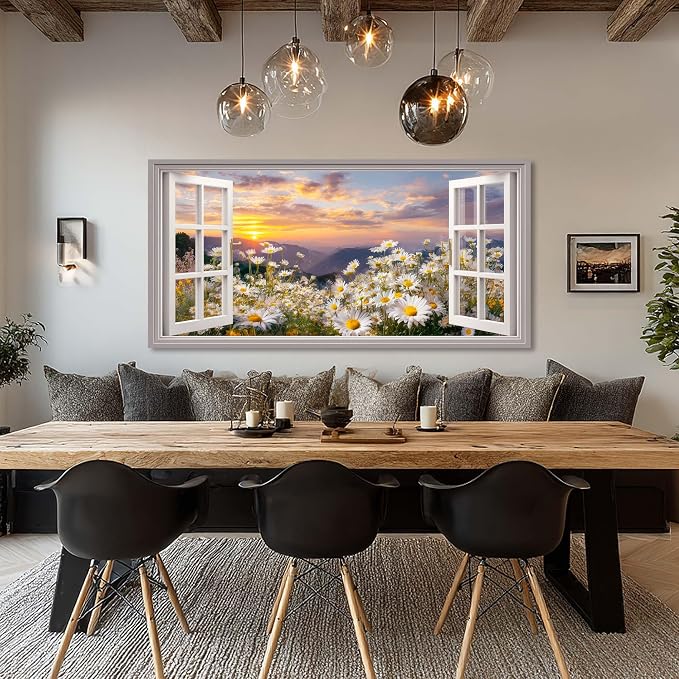 Ggaafet Wildflower Window Wall Art for Living Room Canvas Painting Prints Beautiful Daisy Floral Blooming Landscape Art Deco Pretty Artwork Office Bedroom Family Dining Room Decor Extra Large