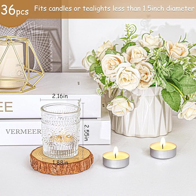 36 Pcs Clear Glass Votive Candle Holders, Tealight Candle Holders for Table Centerpieces, Vintage Candle Holder Bulk, Boho Wedding, Valentine's Day Table Decor (Clear)