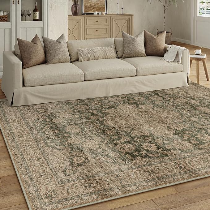 12x15 Washable Area Rug Green Brown Vintage Non Slip Soft Low Pile Rug for Living Room Bedroom Dining Room Office Distressed Oriental Indoor Extra Large Throw Carpet for Home Decor