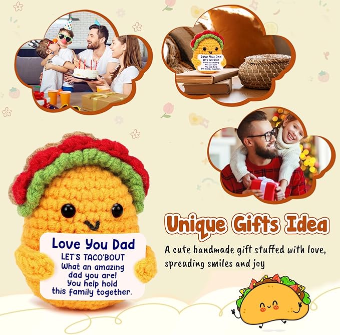 Dad Birthday Gifts from Daughter Son Wife, Best Dad Ever Cool Funny Cute Small Gifts for New Single Step Dads Thank You Daddy Present Valentines Fathers Day Christmas Handmade Crochet Taco Gift
