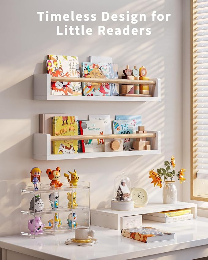 Seocry Nursery Book Shelves, 4 Pack, Wall Book Shelves for Kids Room, Baby, Toddler, Nursery Decor (White Wood, 23.1 Inches)