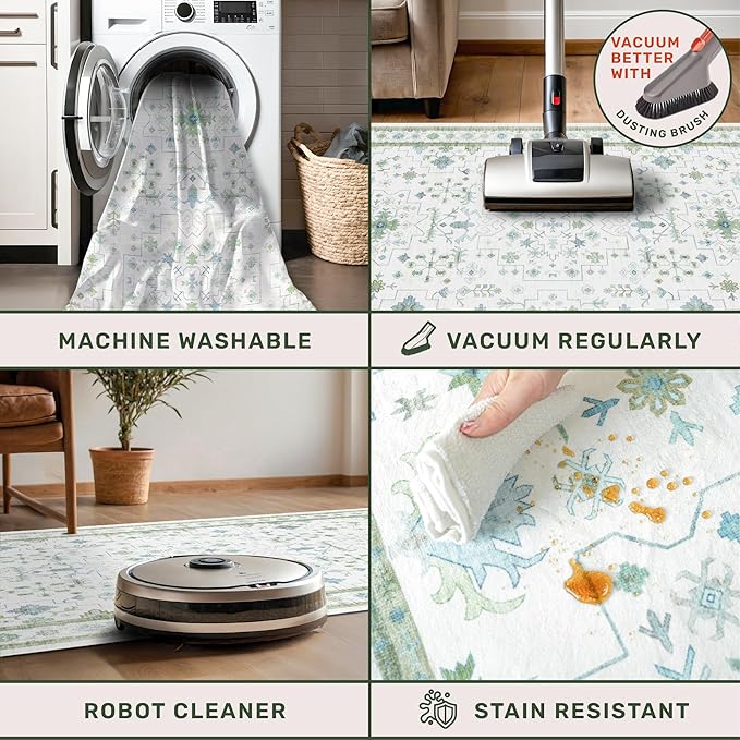 Hazo Haus Oushak Runner 2x10 Hallway Rug - Floral Pastel Boho, Washable Low Pile Non Slip Extra Long Runner Rugs for Kitchen, Hall Way - Cream Blue and Green