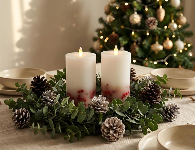 Brown Bark Flameless Pillar Candles Flickering with Remote Timer, Battery Operated LED 3D Moving Flame Real Wax Candles, Set of 2, D3 x H6,Remote Included (Red Berry)