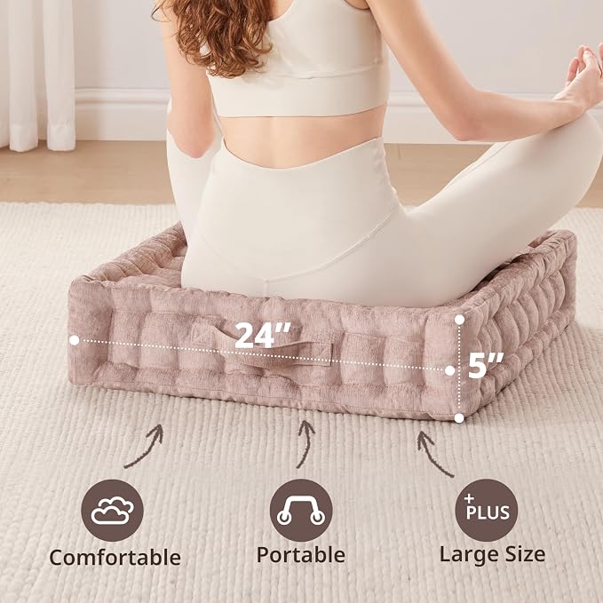 Intelligent Design Azza Floor Pillow, Large Cushions Sitting for Adults, Floor Pillow for Meditation or Yoga, Lustrous Chenille Tufted with Scalloped Edges for Bench/Chair Cushion, 24"x24"x5" Blush