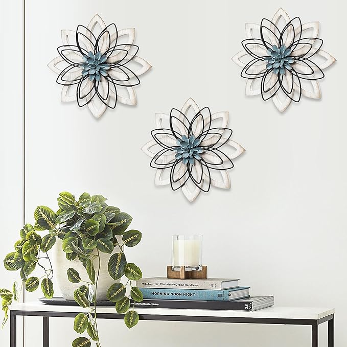 Remenna Metal Flowers Wall Decor, Metal Rustic Wall Art Decoration Farmhouse Wall Decorations Multiple Floral Hanging Decor for Bathroom Living Room Home Office Garden Kitchen (white & blue)