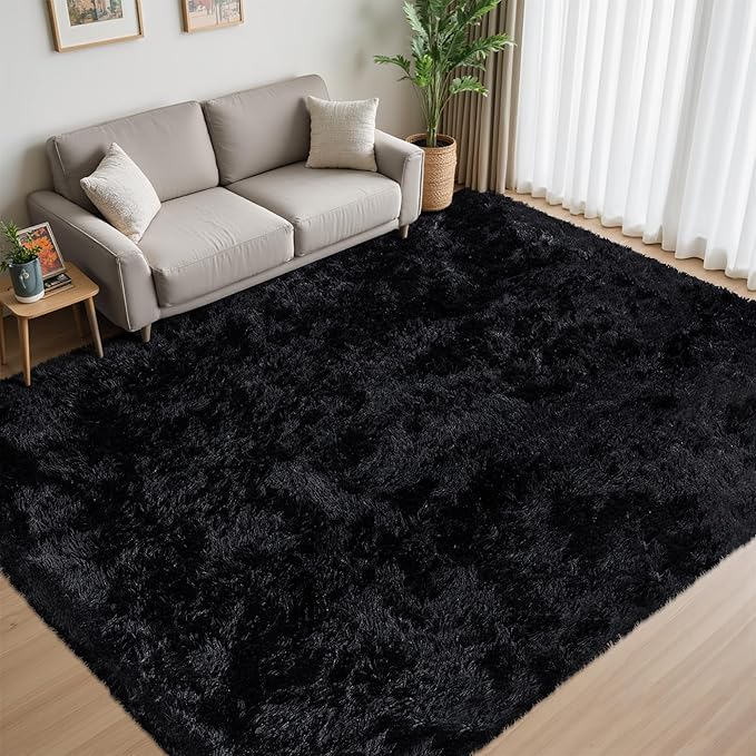 6x9 Area Rug for Living Room:Ultra Soft Fluffy Shag Black Rugs,Large Fuzzy Plush Indoor Non Slip Carpet Washable Rug for Bedroom Kids Nursery Office Dorm Modern Decor(Black 6'x9')