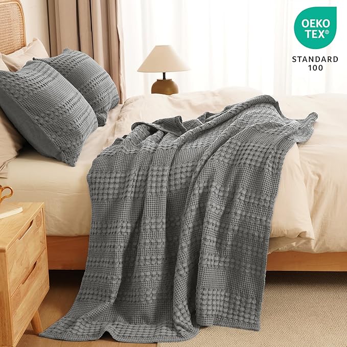 PHF 100% Cotton Waffle Throw Blanket for Couch, Lightweight Breathable and Soft for Summer, Luxury Aesthetic Waffle Weave Blanket for Home Decor & Office, Gifts for Women, 50"x60", Dark Grey