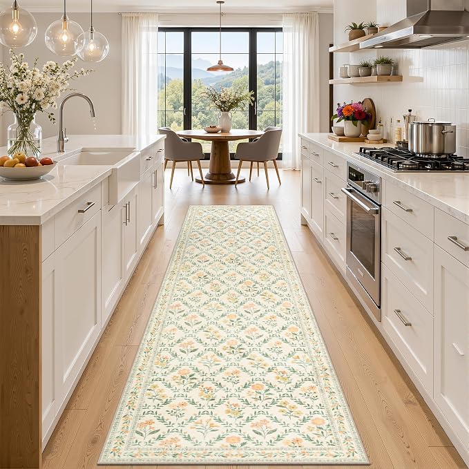 Runner Rug for Entryway: 2.6x10 Kitchen Rugs Non Slip Washable Ultra-Thin Soft Floral Carpet Indoor Floor Stain Resistant Carpets for Hallway Bedroom Kitchen Laundry Bathroom Dorm Beige/Multi