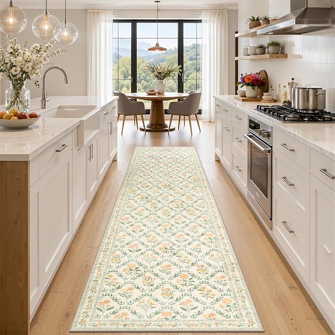 Runner Rug for Entryway: 3x10 Kitchen Rugs Non Slip Washable Ultra-Thin Soft Floral Carpet Indoor Floor Stain Resistant Carpets for Hallway Bedroom Kitchen Laundry Bathroom Dorm Beige/Multi