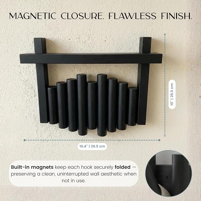 Bamboo Wall Mounted Coat Rack with Shelf Flip Down Wooden Hooks for Entryway Hallway Bedroom | Matte Black Piano Hanger, 3 Hooks, Space Saving Organizer
