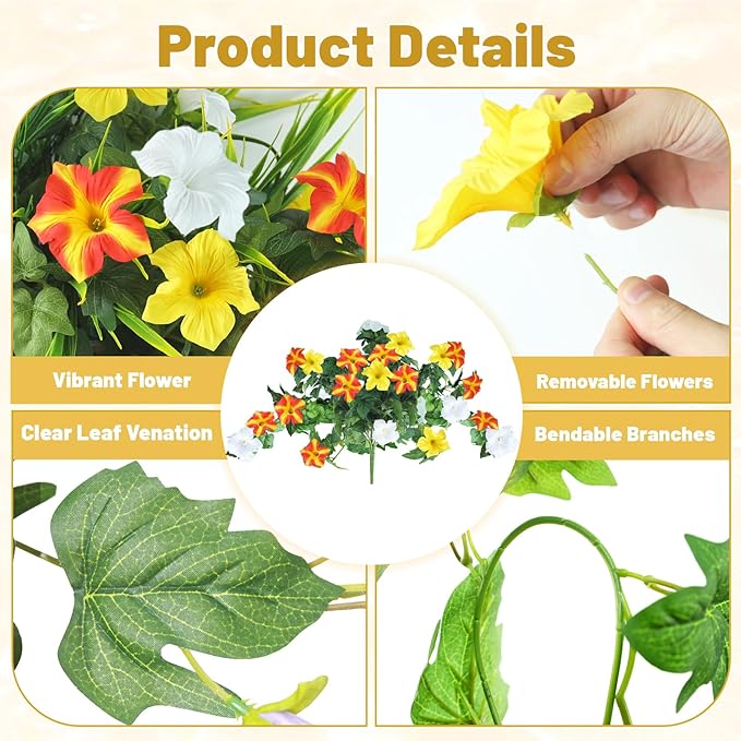 Artificial Flowers Hanging Baskets for Outdoors, 5PCS UV Resistant Faux Outdoor Plants, Fake Petunias Silk Flowers for Garden Balcony Yard Porch Decor (Yellow Orange White)