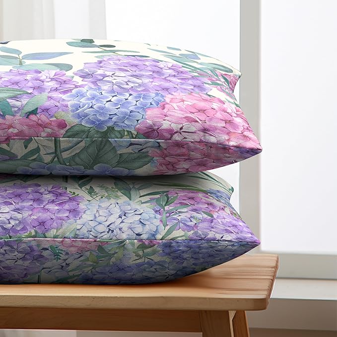 Hydrangea Lumbar Pillow Covers 12x20 Set of 2 Spring Flowers Outdoor Pillow Covers Blue Purple Hydrangea Eucalyptus Throw Pillowcase Cotton Linen Cushion Case for Sofa Outdoor Patio
