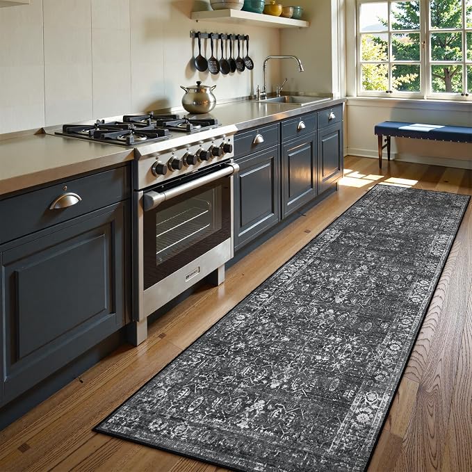Lahome Margot Black Washable Runners for Hallways, Boho 2'6"x10' Kitchen Runner Rugs Non Skid Indoor Bathroom Runner Rug, Distressed Carpet Runners for Bedroom Entryway (2'6"x10', Black/Grey)