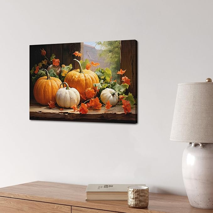 Fall Pumpkin Canvas Wall Art Halloween Pictures Maple Leaf Decor Thanksgiving Wall Prints Rustic Autumn Themed Wall Decor Framed Modern Artwork for Living Room Kitchen Bedroom Home Decorations 12x16”