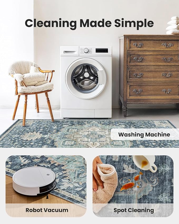 AMADA HOMEFURNISHING 2'6"x10' Washable Area Rug, Low-Profile Entryway Rug with Non-Slip Backing & Durable Edge Binding, Vintage Rug Pattern, Small Rugs for Entryway, Kitchen & Living Room