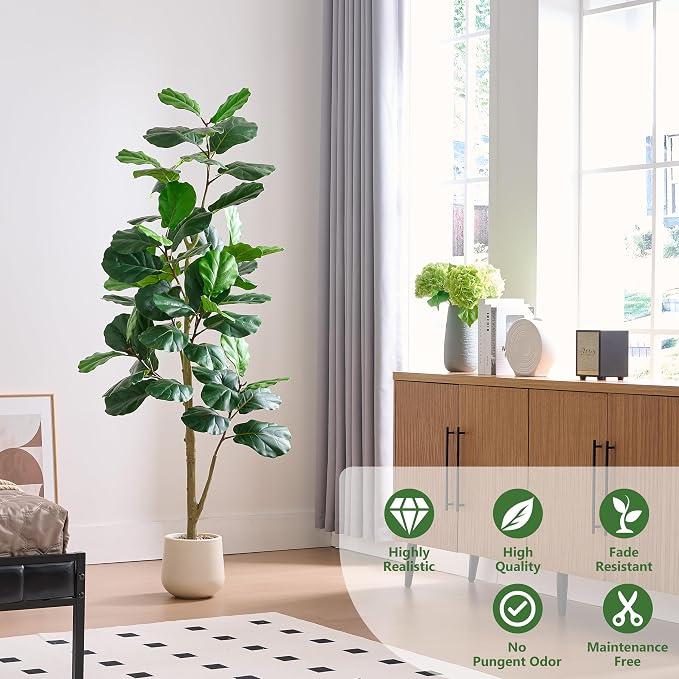 Artificial Fiddle Leaf Fig Tree 7FT, Large Realistic Faux Ficus Lyrata Plant with Pot Large Faux Plant for Indoor Outdoor Home, Office, Living Room, Bathroom Decor