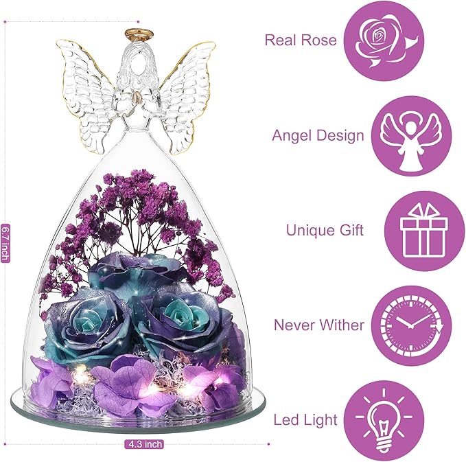 Mothers Day Rose Gifts for Women Preserved Real Flower in Glass Angel Figurines Roses for Delivery Prime Birthday Gifts for Mom Grandma Girlfriend Wife Her, GlitterBluePurple