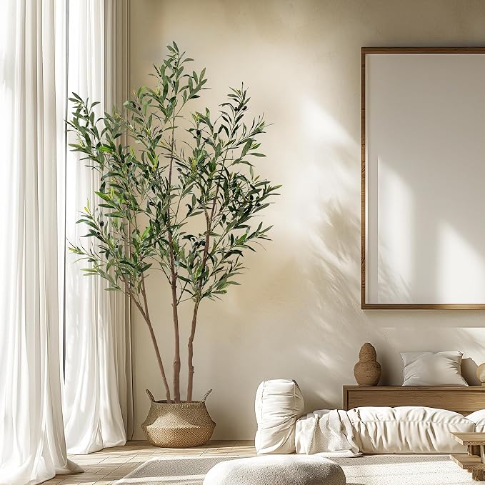 Erimda 6FT Artificial Olive Tree Tall Faux Silk Plant Tall Faux Olive Tree with Natural Wood Trunk & Lifelike Fruits Fake Potted Tree or Home Office Decor