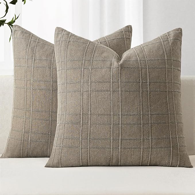 MIULEE Decorative Linen Check Throw Pillow Covers Neutral Farmhouse Vintage Pillow Covers 20x20 Set of 2 Boho Modern Winter Home Decor for Sofa Couch Bedroom Cushion Tan Taupe