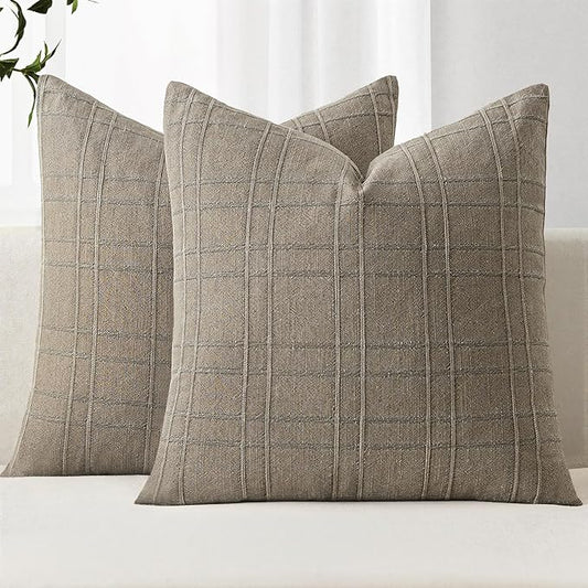 MIULEE Decorative Linen Check Throw Pillow Covers Neutral Farmhouse Vintage Pillow Covers 20x20 Set of 2 Boho Modern Winter Home Decor for Sofa Couch Bedroom Cushion Tan Taupe