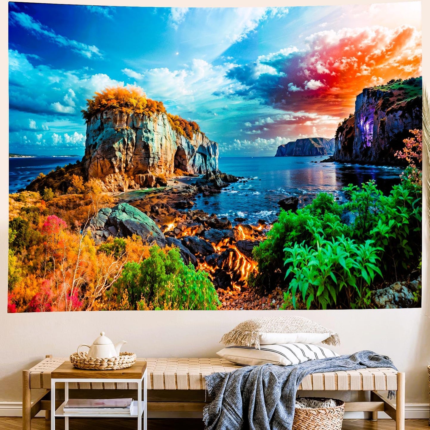 Delur Coastal Ocean Beach Tapestry Tropical Forest Tree Sunrise Sea Landscape Tapestry Wall Hanging Wave Sunset Nature Colorful Spiritual Headboard for Bedroom Living Room Home Decor (51.2" x 59.1")