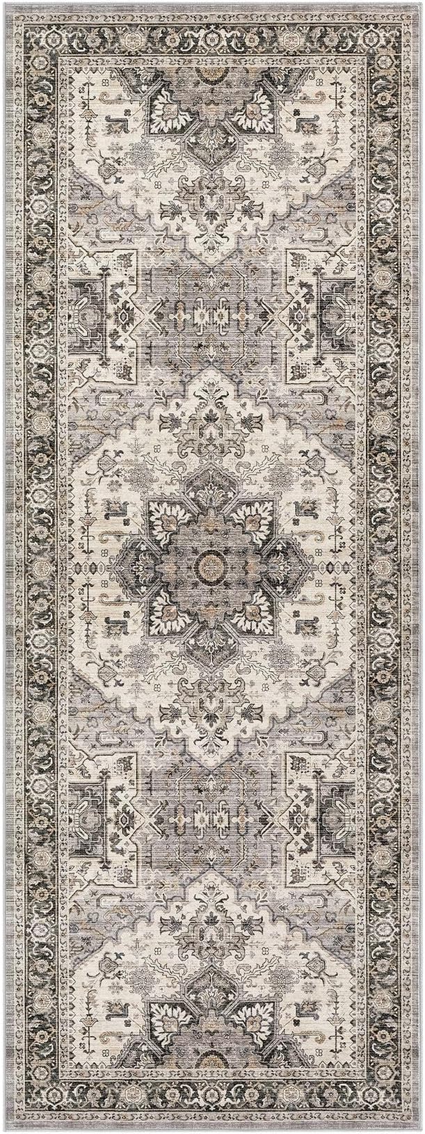 Area Rug for Living Room - 3x8 Soft Machine Washable Oriental Vintage Floral Distressed Large Indoor Floor Carpet for Bedroom Under Dining Table Home Office Decor - Brown
