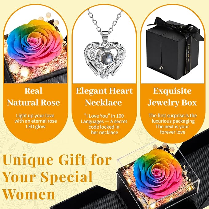 FIACO Gifts for Mom Preserved Real Roses with I Love You Necklace Fresh Forever Flowers Mothers Day Flower Gifts for Women Grandma Anniversary Birthday Gift for Girlfriend Wife Daughter