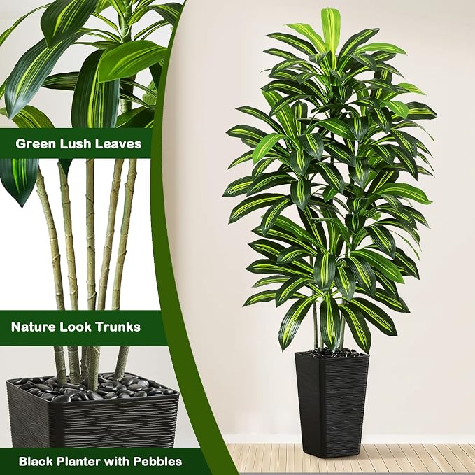 Artificial Dracaena Tree - 5FT Tall Fake Plants with Black Square Planter - Artificial Plants Indoor Floor Plant in Pot - Large Tropical Fake Yucca Potted Tree for Home Office Living Room Decor