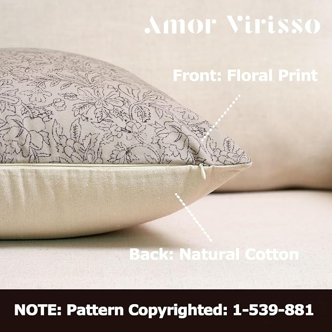 Amor Virisso Floral Throw Pillow Covers 18x18 Set of 2 Vintage Block Print Pillow Covers Decorative Pillow Covers Couch Pillows for Living Room Farmhouse Accent Sofa Pillows, Black/Sand