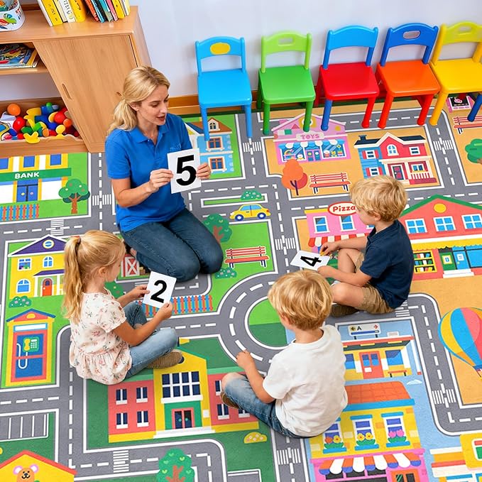 Car Rugs for Bedroom 8x10 Feet, City Life Car Road Rug Educational Learning Traffic Kids Room Rug Decorate Nursery Toddler Classroom Preschool Living Room Playroom