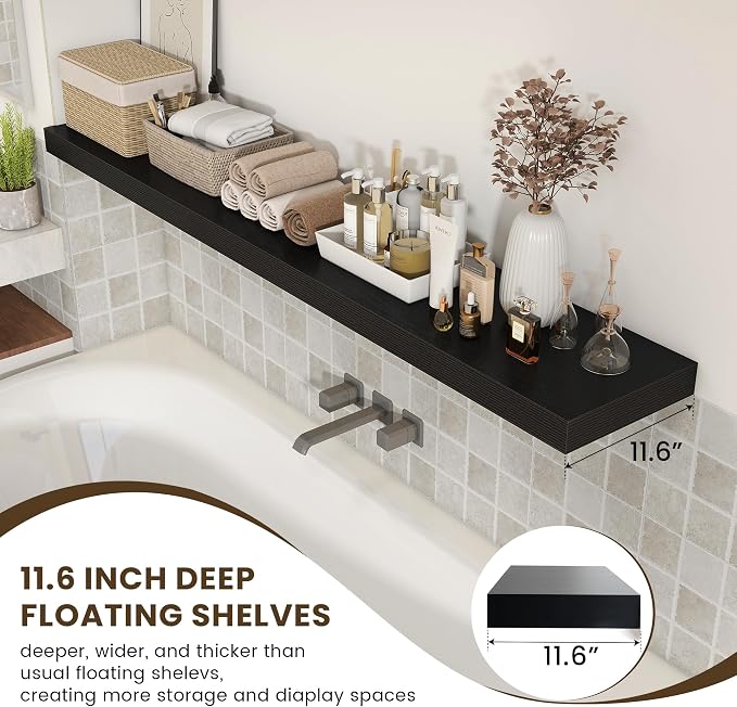 FLYJOE Deep Floating Shelves, 72 Inch Black Shelves Set of 1 | 12 Inch Deep Shelves for Wall, 72'' x 12'' Rustic Black Wood Shelves for Bathroom Living Room Laundry Room Kitchen