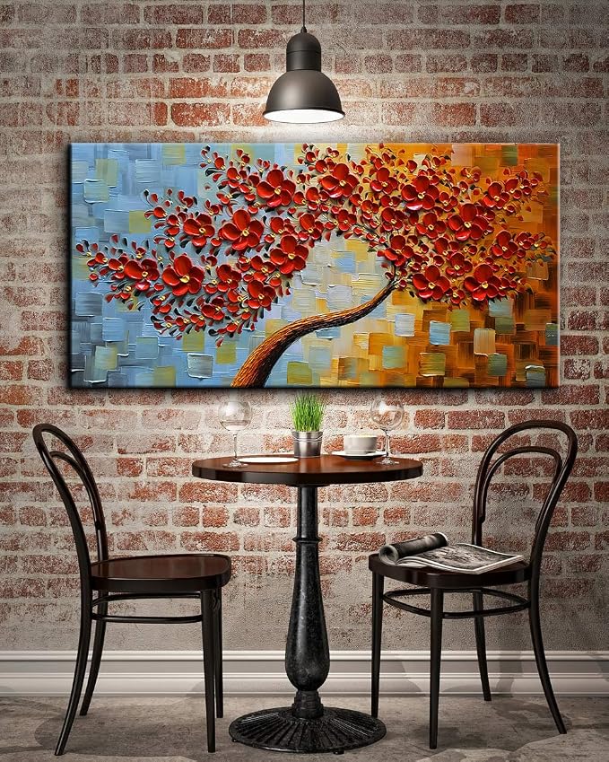 YaSheng Art -handpainted Modern Wall Art ,3D Texture Flowers Artwork Oil Painting, Abstract Canvas Wall Art Red Tree Paintings, Modern Home Wall Art for living room Bedroom Dining Room Office Wall Decor 24x48inch