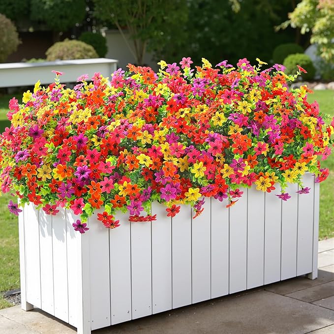 SHareconn 48 Bundles Artificial Flowers for Outdoors Spring Decoration, Fake Silk Realistic Faux Plants UV Resistant for Outside Planter Porch Patio Summer Indoor Decor, RedRose PurpleYellowOrange
