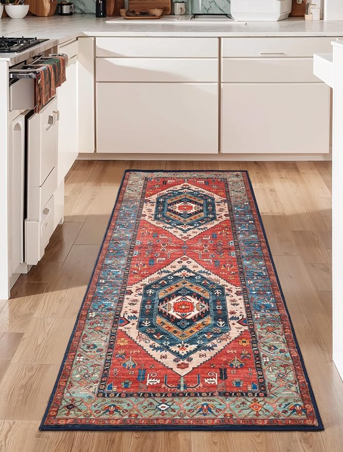SERISSA Boho Washable Runner Rug, 2x6 Rug Runner Non-Slip Vintage Rust Hallway Kitchen Runner Rug Ultra Soft Print Distressed Tribal Floor Carpet Runner for Bedroom Bathroom Laundry Living Room