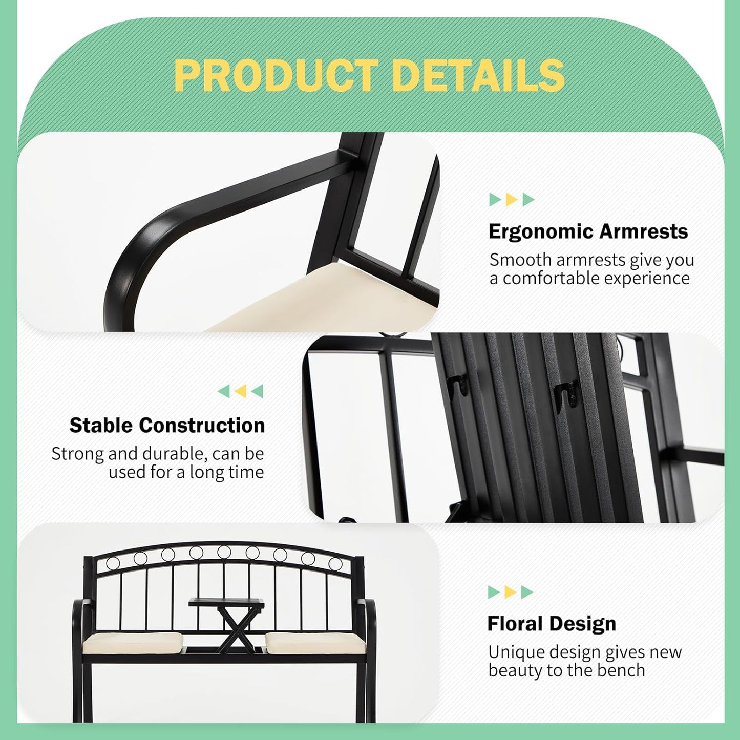 AVAWING Outdoor Metal Garden Bench, 2-Seat Patio Porch Bench with Steel Frame, Park Bench w/Pullout Middle Table＆ Cushion for Backyard Lawn Deck Entryway, Black