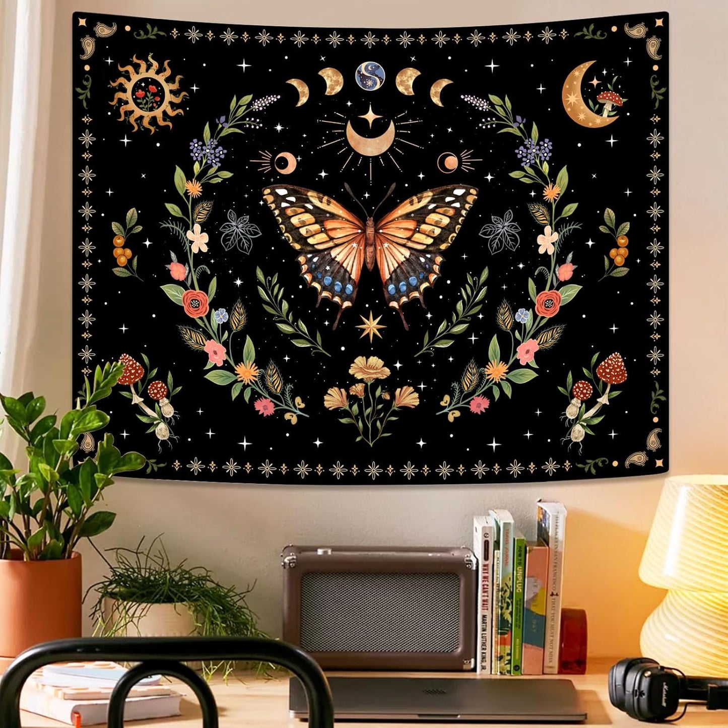Lunerfex Boho Butterfly Tapestry Flower Moon Wall Tapestry, Moon Phases Tapestries for Bedroom Cute Tapestries Wall Hanging for Bedroom Living Room Decor Butterfly-1 44"x60"
