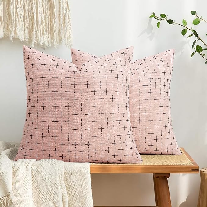 MIULEE Pack of 2 Cute Decorative Burlap Linen Valentine Throw Pillow Covers Farmhouse Pillowcases Modern Rustic Woven Textured Cushion Cover for Sofa Couch Bed 20x20 Inch Pink