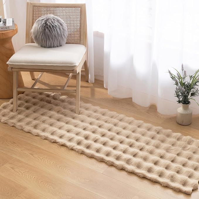 Ashler Faux Rabbit Fur Rug, Beige 2x6 FT Fluffy Soft Runner Area Rugs, Rectangle Fuzzy Carpet for Living Room, Bedroom, Machine Washable Rug - 3D Bubble Mat