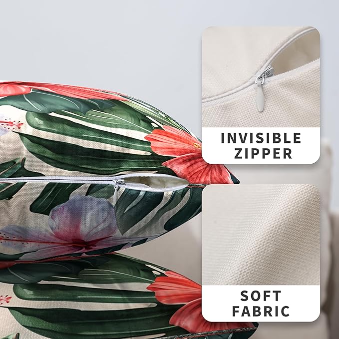 Hibiscus Flowers Pillow Covers Hawaiian Tropical Throw Pillow Covers 24x24 Set of 2 Monstera Palm Leaves Pillowcase Double Sided Printing Cushion Case for Patio Outdoor Sofa