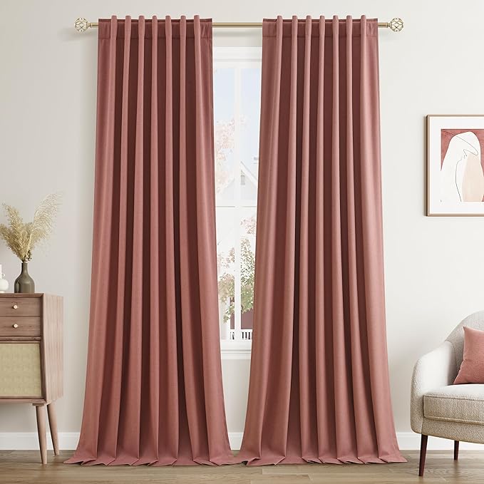 Guken 100% Blackout Curtains 90 Inch Length 2 Panels Set for Girls Bedroom Back Tab Thermal Insulated Black Out Linen Drapes Room Darkening Window Curtains 90 Inches Long,Dusty Rose