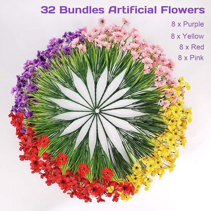 Geegoods Artificial Mums Flowers for Outdoors, 32 Bundles UV Resistant Fake Plastic Colorful Mix Flowers for Patio Porch Spring Summer Decor
