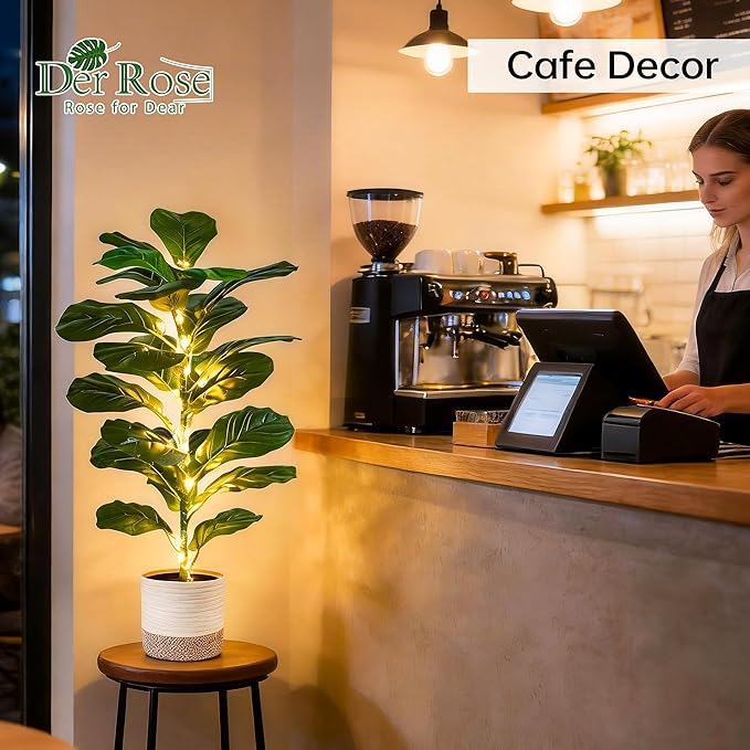 Der Rose 2 Pack 30" Artificial Fiddle Leaf Fig Tree with Warm LED Lights – Battery Powered, Mid-Size Fake Plants for Living Room, Bedroom, Entryway & Home Decor