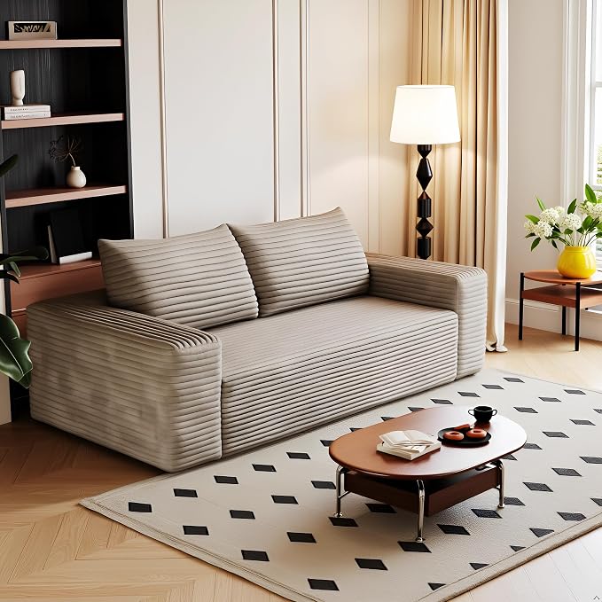 JINGLING 71" Small Couches for Small Spaces | Boneless Couch in a Box: Compressed Sofa | Apartment Furniture Love Seat for Living Room & Bedroom | No Assembly | Corduroy | Camel