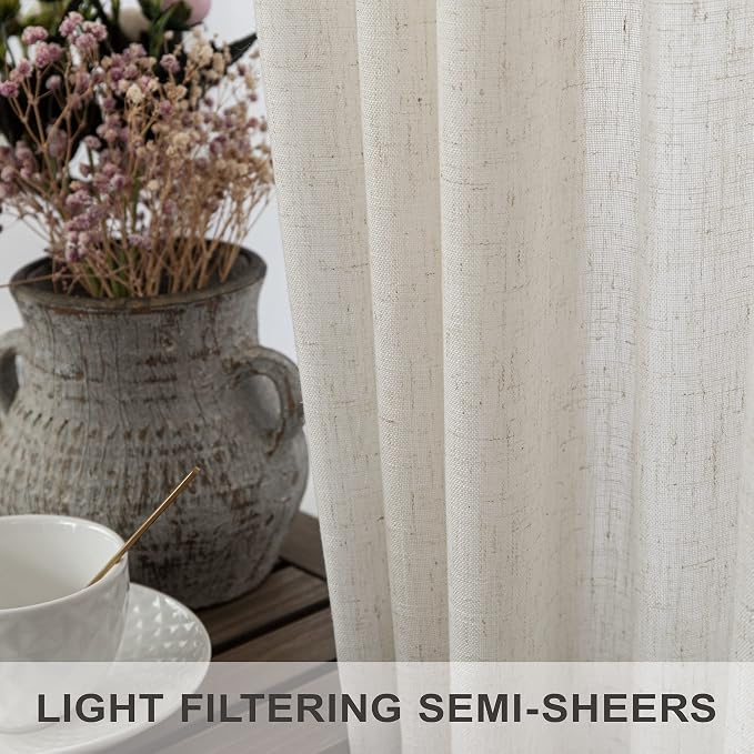 48 Inch Linen Curtains 2 Panels for Cafe Bedroom Bathroom Back Tab Rod Pocket Privacy Semi Sheer Light Filtering Window Treatments Cream Ivory Farmhouse Rustic Door Curtain Small Window 34 x 48 Length