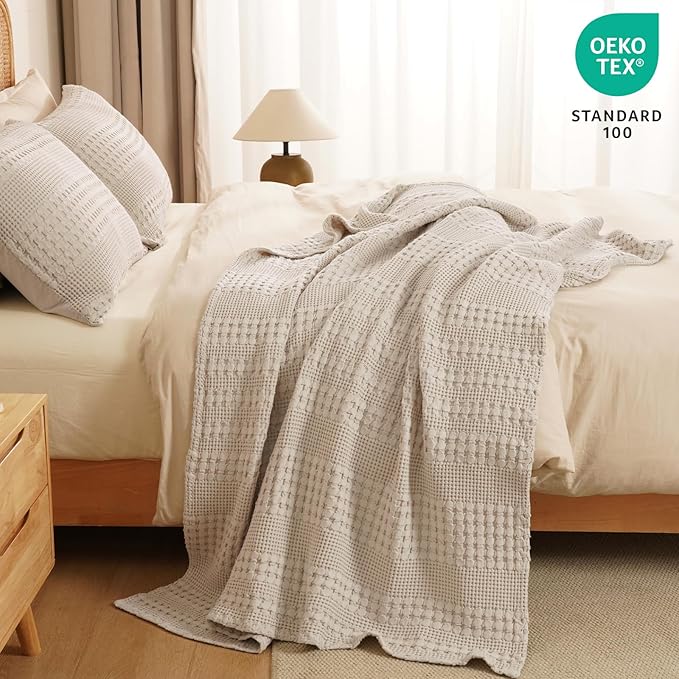 PHF 100% Cotton Waffle Throw Blanket for Couch, Lightweight Breathable and Soft for Summer, Luxury Aesthetic Waffle Weave Blanket for Home Decor & Office, Gifts for Women, 50"x60", Light Taupe/Oatmeal
