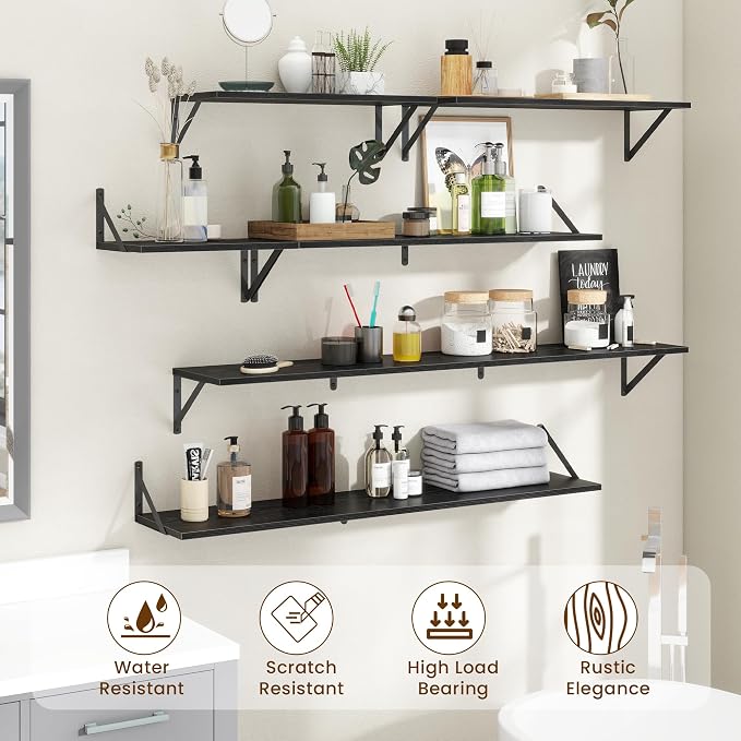 Acovy Floating Shelves with Black Metal Brackets Set of 2,30" Wx8 D Wall Mounted Shelves Floating Bookshelf,Hanging Storage Shelf for Living Room,Bedroom,Bathroom,Office,Black