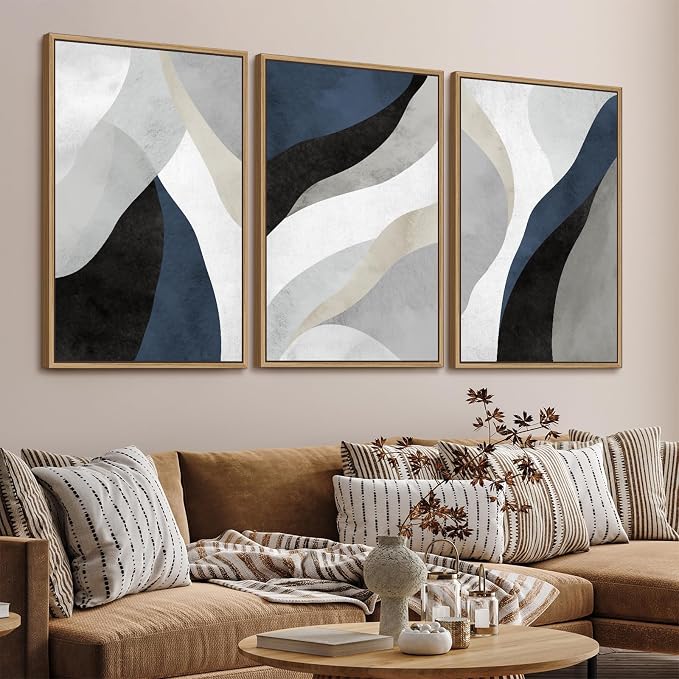 Large Abstract Framed Wall Art - Modern Canvas Wall Art Pictures Prints for Living Room Decor Natural Float Framed Artwork for Bedroom Kitchen Home Office Decoration 72" X 36" Set of 3 Blue Grey White